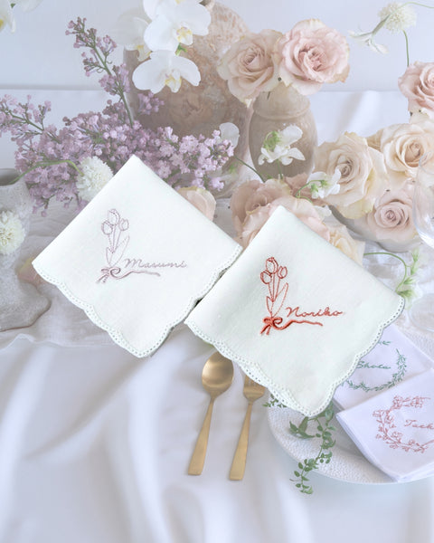 【3営業日で発送】チューリップブーケ🌷BOTANICAL刺繍ハンカチブライダルハンカチ✳︎名入れ✳︎名入れ刺繍