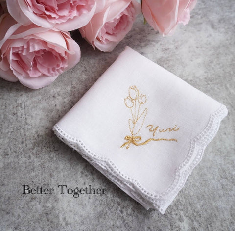 【3営業日で発送】チューリップブーケ🌷BOTANICAL刺繍ハンカチブライダルハンカチ✳︎名入れ✳︎名入れ刺繍